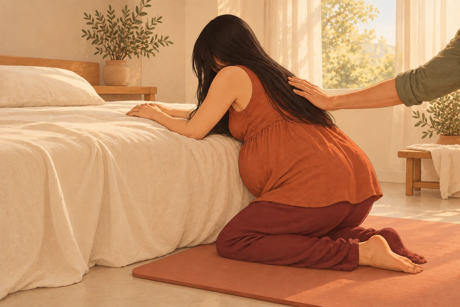 Une femme enceinte en travail, agenouillée sur un tapis, prenant appui sur un lit, accompagnée par une main de soutien posée dans son dos. Son visage n'est pas visible.