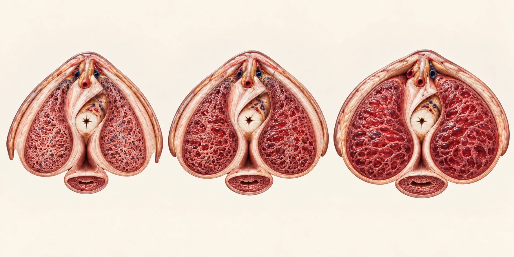 Illustration anatomique réaliste du clitoris et de ses structures internes, montrant le gland, les tissus érectiles et les bulbes vestibulaires.