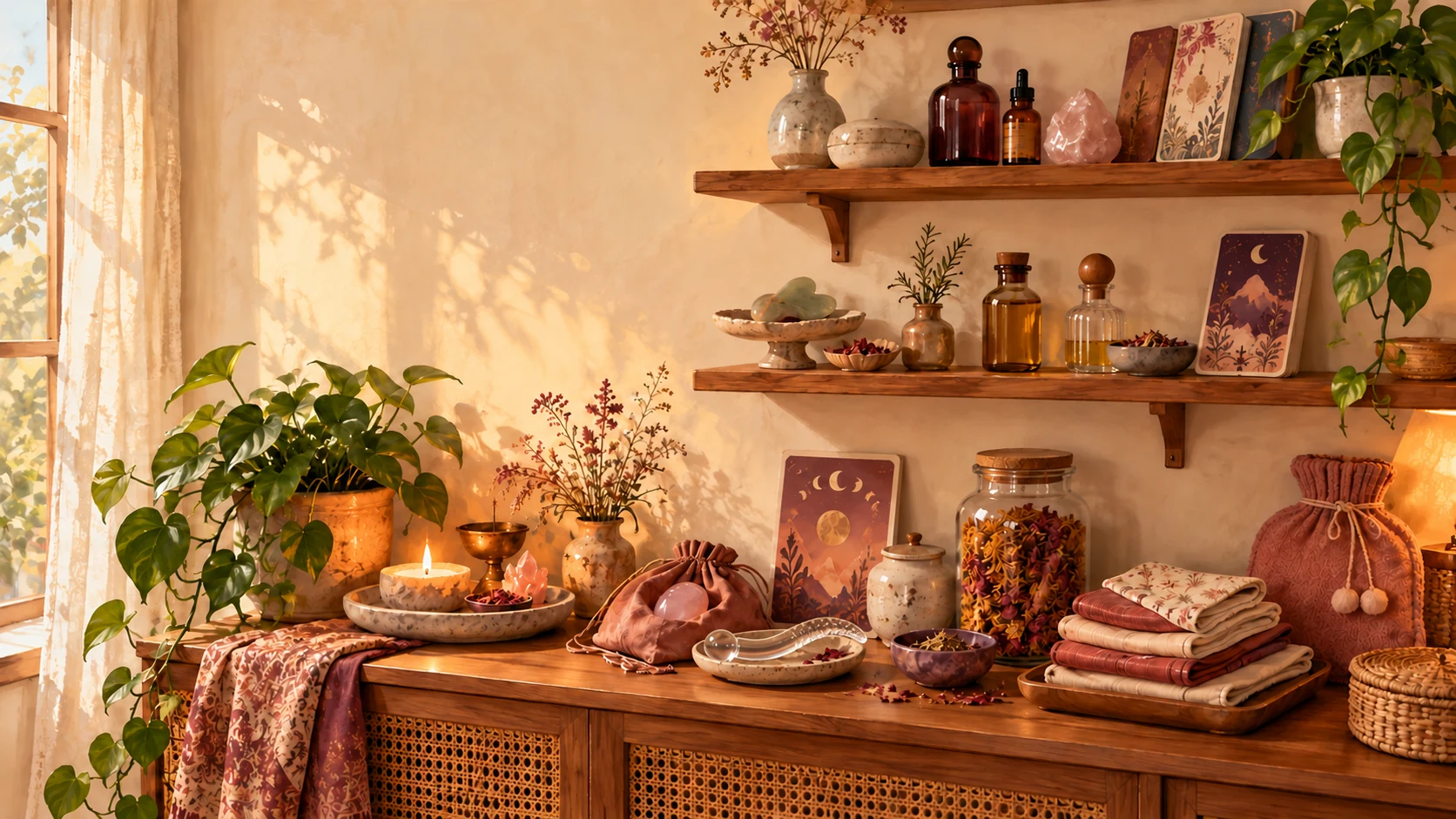 Un coin de pièce aménagé comme une petite boutique à la maison, avec des étagères en bois présentant flacons, cartes oracle et bougies, et une baguette de Yoni en verre posée dans un bol sur le buffet.