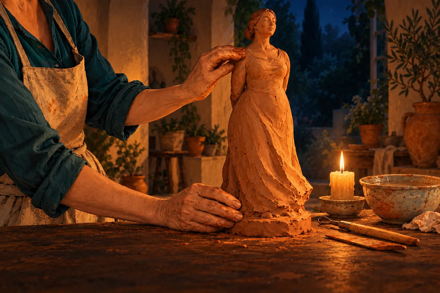 De nuit, dans un atelier éclairé à la bougie, une femme façonne de ses deux mains une statuette féminine en argile ; un jardin bleu sombre se devine à l'arrière-plan.