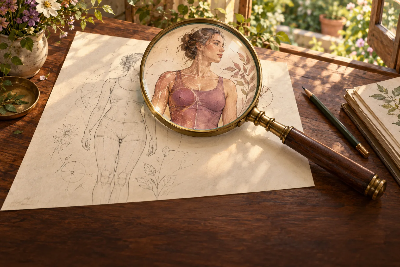 Une loupe posée sur une planche illustrée du corps féminin, sur une table en bois près d'une fenêtre ouverte sur un jardin.