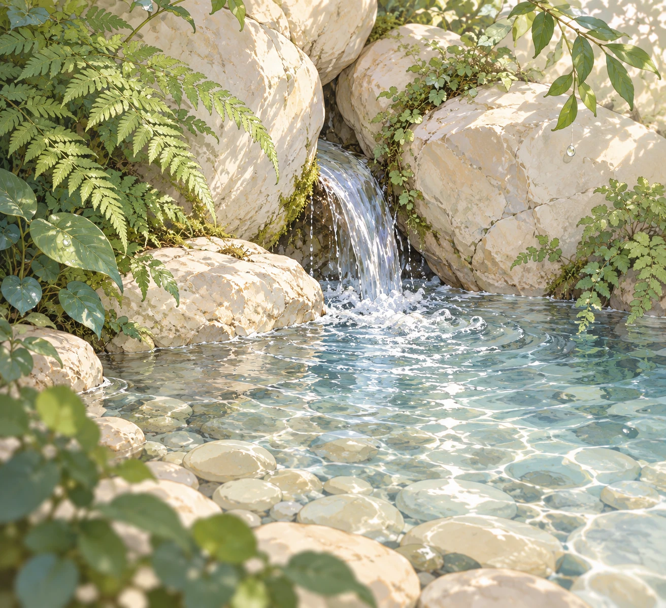 Illustration d'une source d'eau limpide entre des pierres claires, entourée de fougères et de feuillage.
