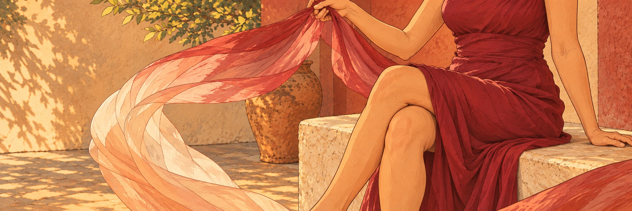 Une femme en robe bordeaux, assise sur un banc, tient un foulard aux teintes rose, crème et bordeaux qui se déploie dans le mouvement.