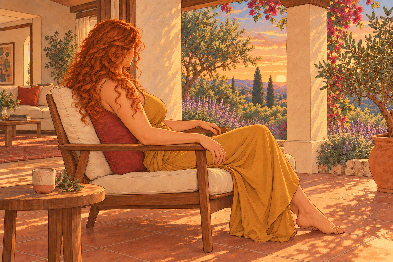 Femme assise sur une terrasse abritée, entre le salon et le jardin, les mains posées sur les accoudoirs d'un fauteuil.