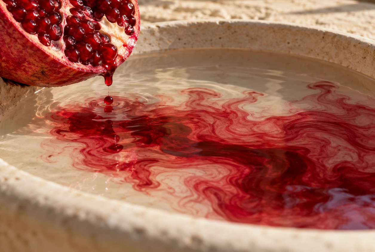 Une grenade ouverte au-dessus d'une vasque de pierre claire, une petite goutte rouge suspendue juste avant de tomber dans l'eau.