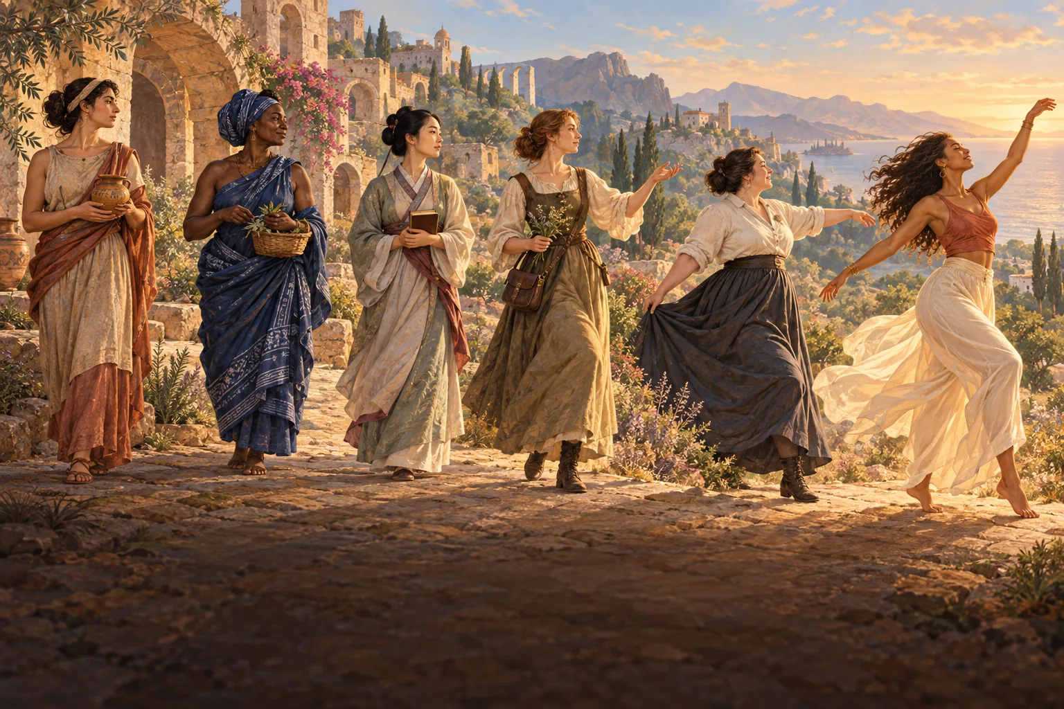 Évocation de femmes de différentes époques et cultures sur un même chemin, dont les gestes s'ouvrent progressivement jusqu'à la danse.
