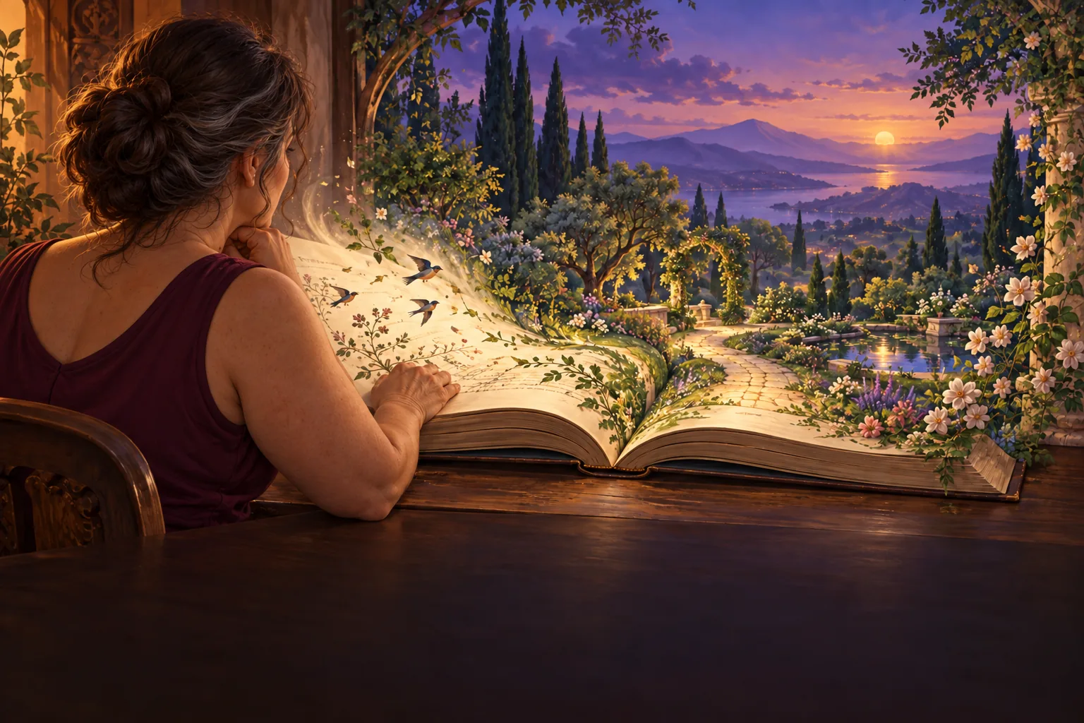 Une femme mûre de dos, devant un livre ouvert dont les pages se transforment en jardin baigné de lumière du soir.
