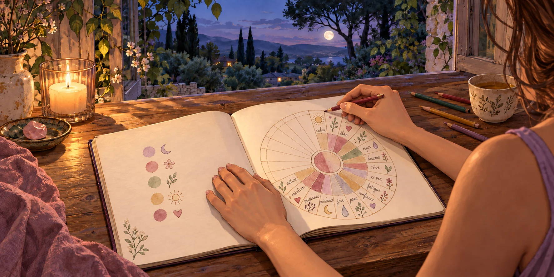 Une femme compose un mandala coloré dans son carnet, près d'une fenêtre ouverte sur un jardin au clair de lune.