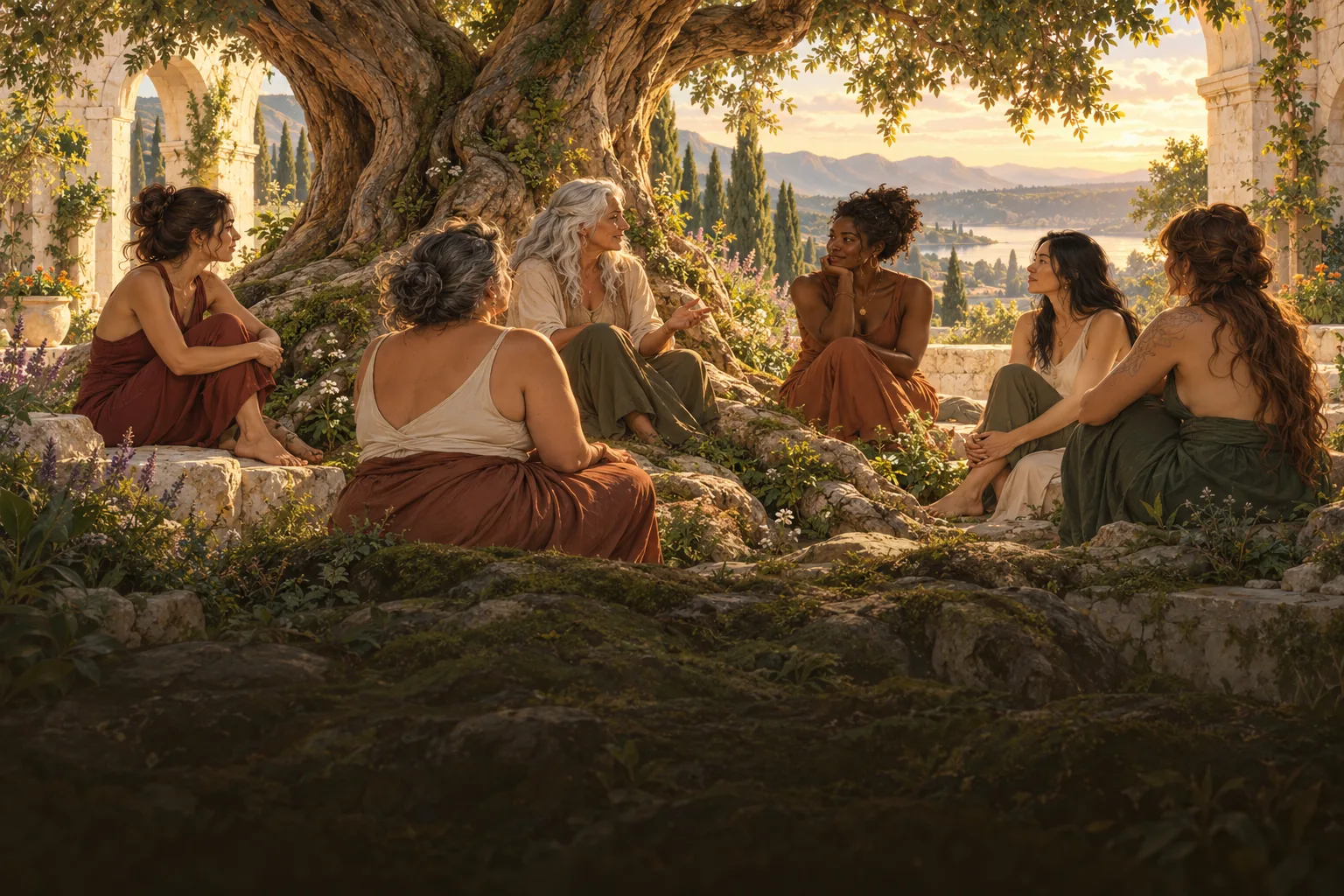 Un cercle de femmes de plusieurs générations réuni autour d'un arbre ancien, dans une cour ouverte sur la nature.