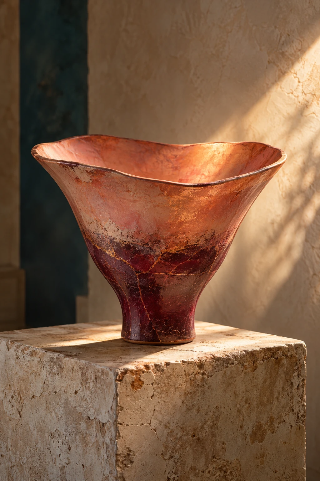 Vase en céramique bordeaux et cuivre dont l'ouverture évasée s'incline vers la lumière.