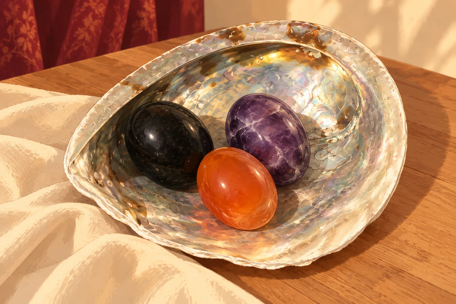 Illustration de trois œufs de Yoni noir, violet et orangé dans une coquille nacrée d'ormeau.