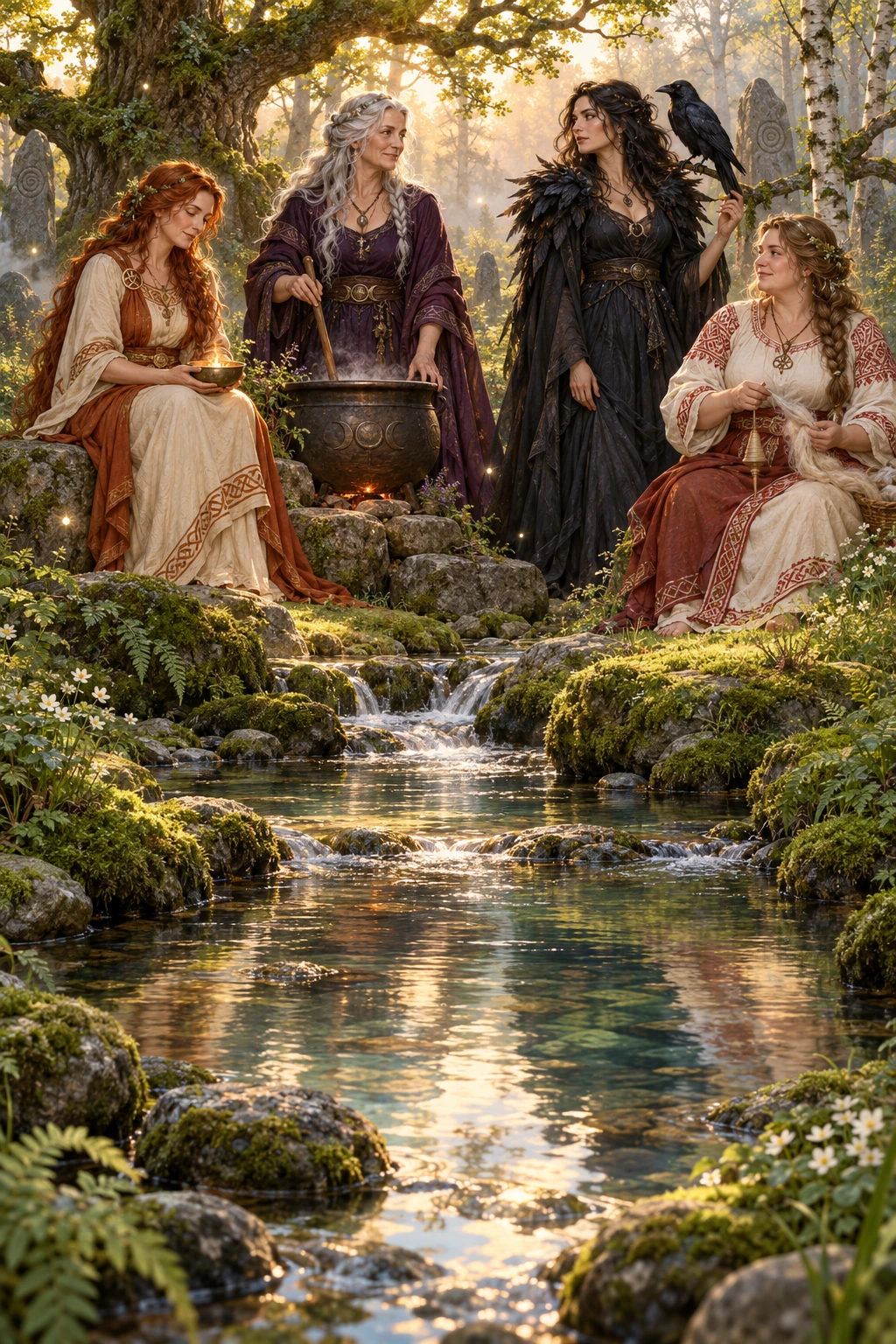 Brigid, Cerridwen, la Morrigan et Mokosh réunies près d'une source, dans une clairière.