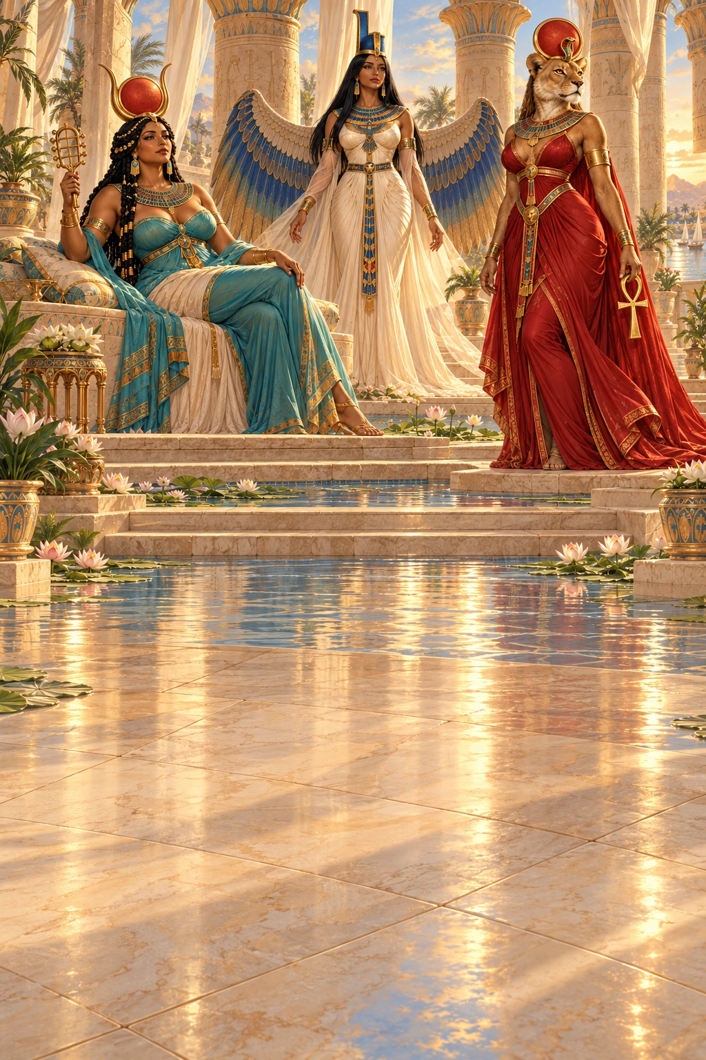 Hathor, Isis et Sekhmet réunies dans un temple égyptien, près d'un bassin de lotus.