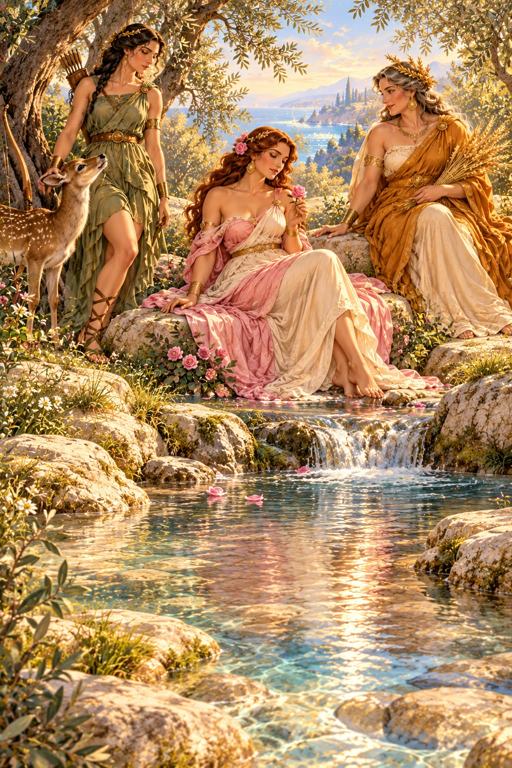 Artémis, Aphrodite et Déméter réunies près d'une source, sous les oliviers.