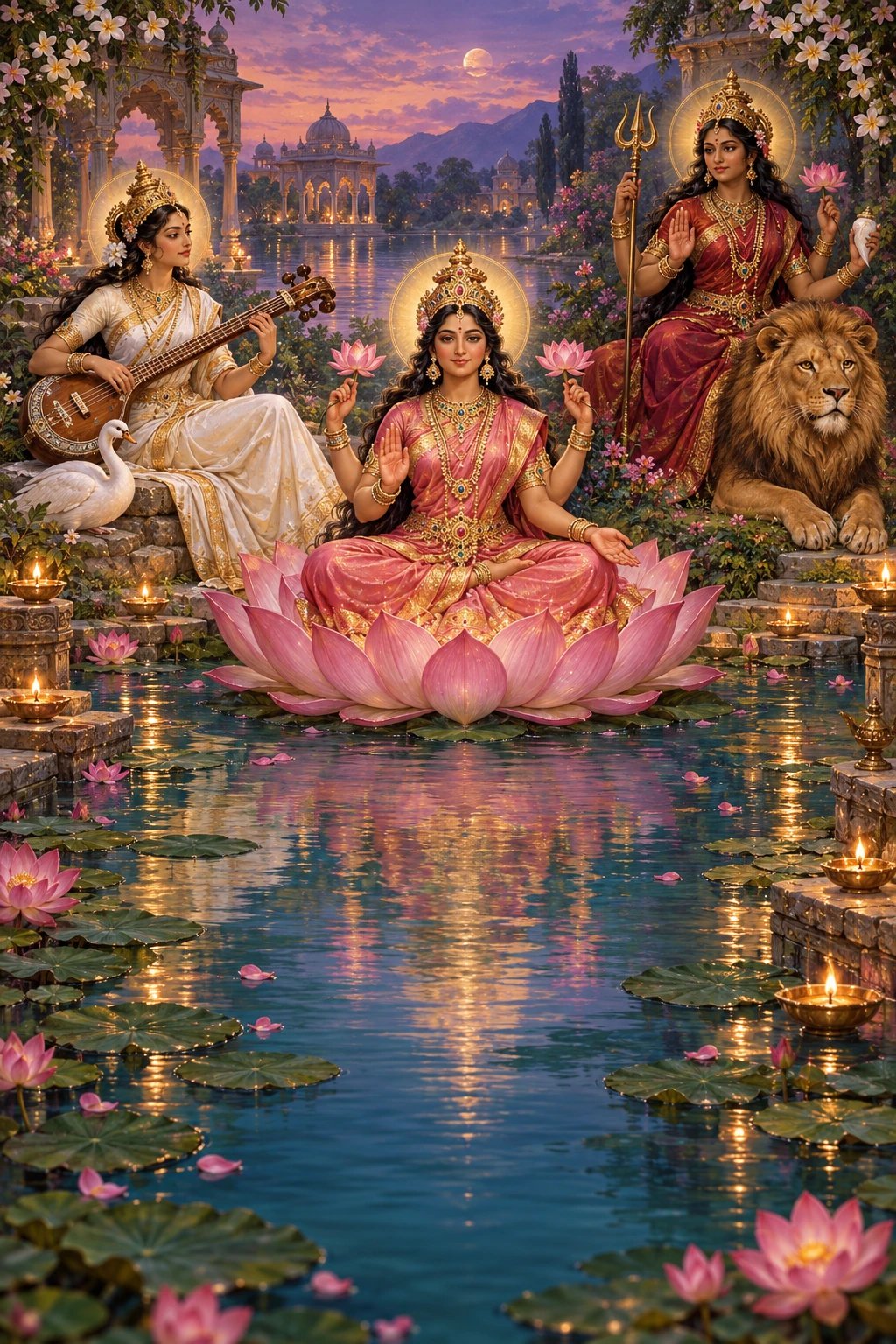 Saraswati, Lakshmi et Durga réunies dans un jardin de lotus, au crépuscule.