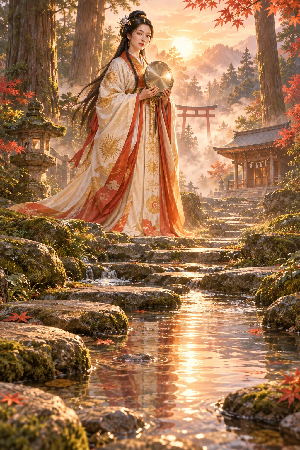 Amaterasu tenant le miroir sacré, près d'un torii, dans une forêt japonaise.