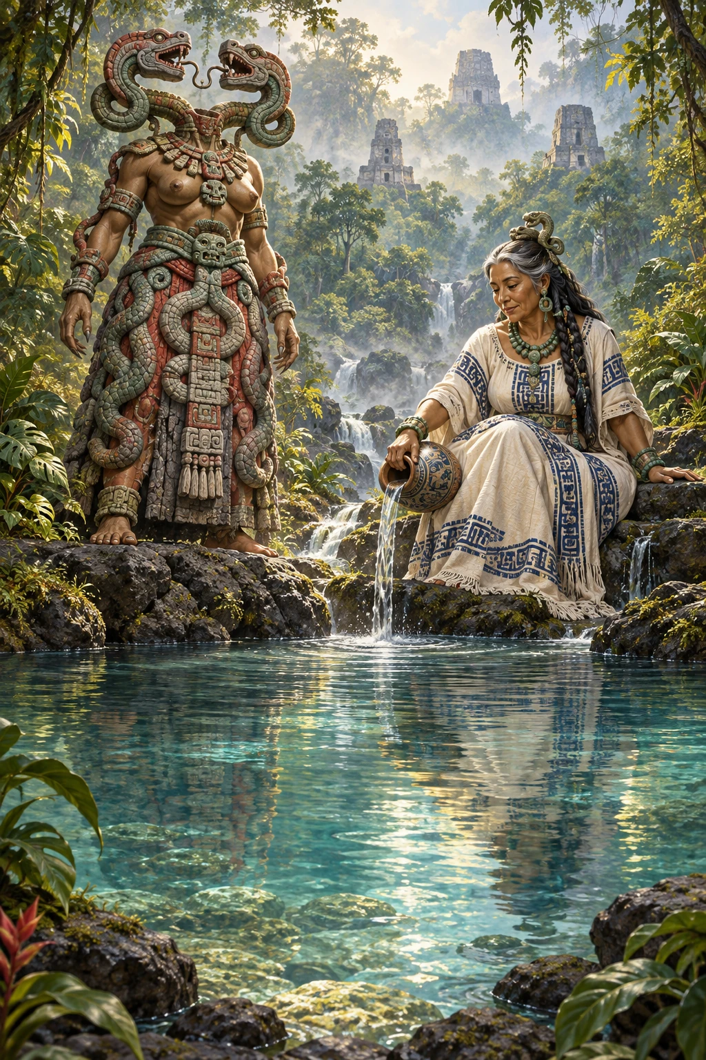 Coatlicue et Ixchel réunies près d'une source, entre vestiges mexica et maya, dans une évocation imaginaire.