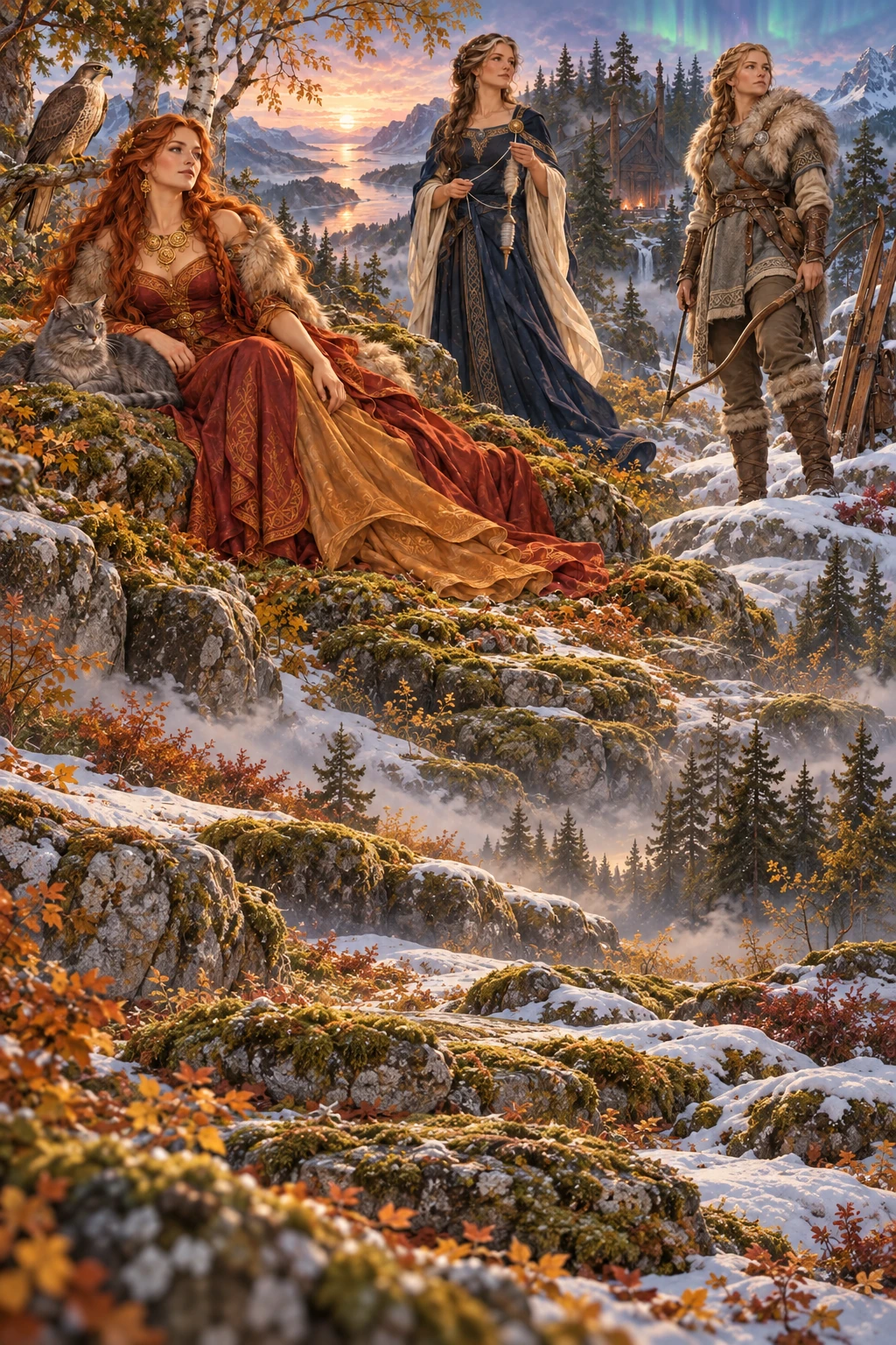 Freyja, Frigg et Skadi réunies en forêt, entre fjord et neige, sous une aurore boréale.