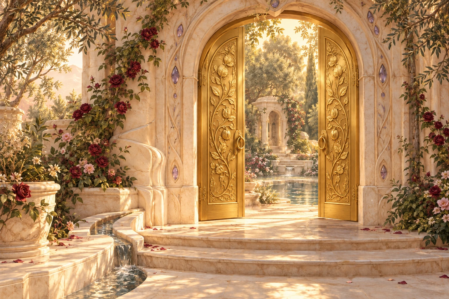 Portes en or sculpté entrouvertes sur un jardin lumineux, entrée symbolique du panthéon des déesses.