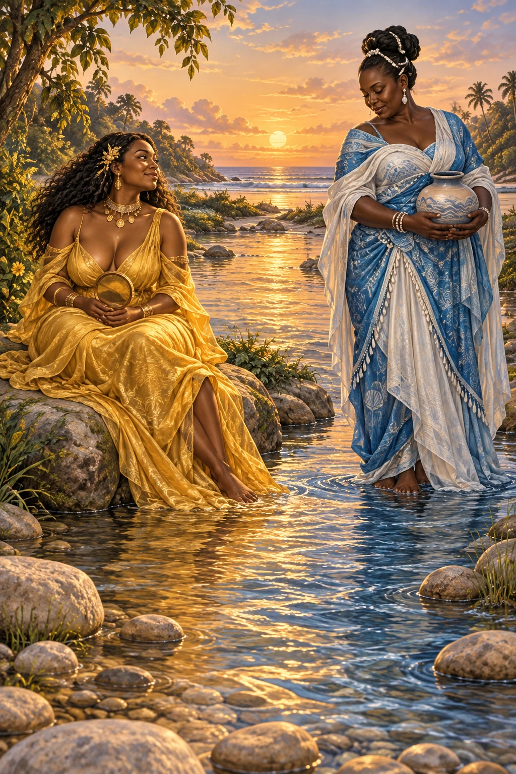 Oshun et Yemoja réunies près d'une rivière, au coucher du soleil.