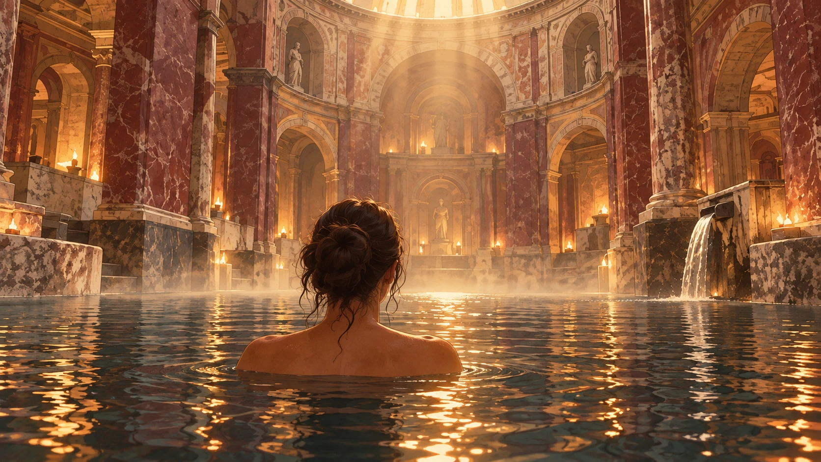 Une femme immergée jusqu'aux épaules dans le bassin d'un temple, de dos, chignon, entourée de colonnes et de reflets chaleureux, avec une cascade en arrière-plan.