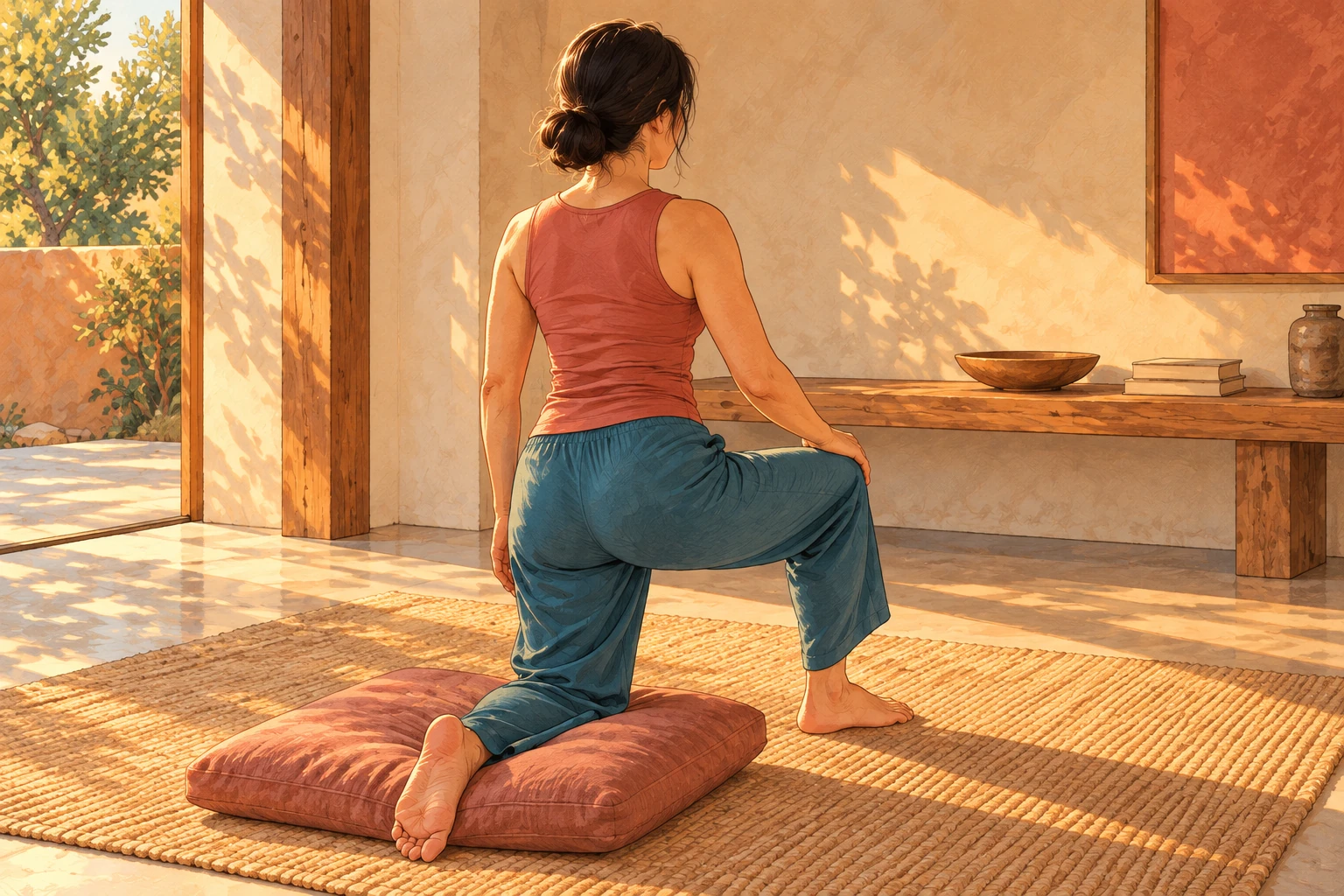 Femme adulte vue de dos, un genou posé sur un coussin et l'autre jambe pliée devant elle, dans un mouvement doux et conscient du bassin.