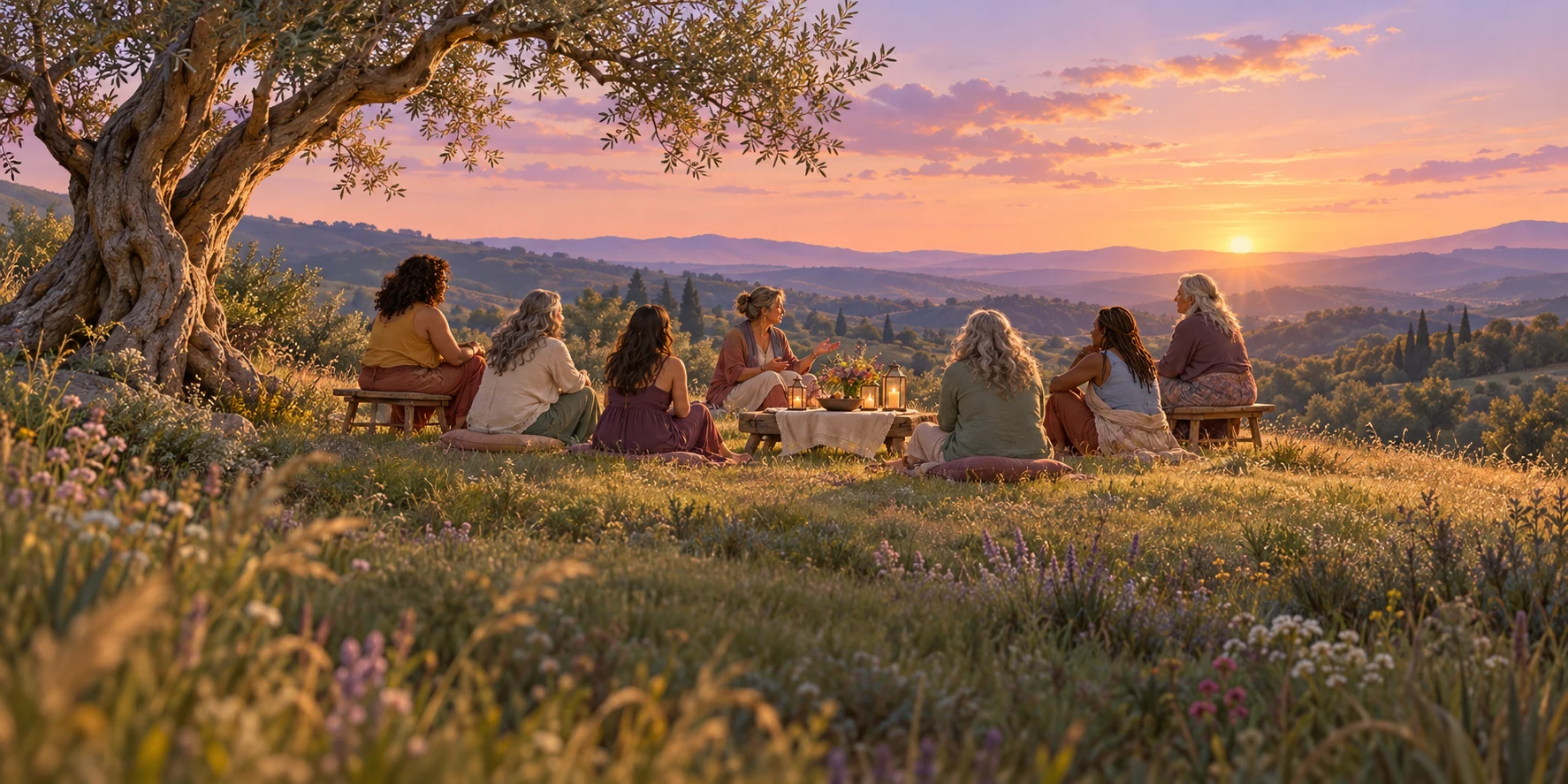 Un cercle de femmes assises sous un olivier, au sommet d'une colline, autour d'un petit autel fleuri, face au coucher du soleil.