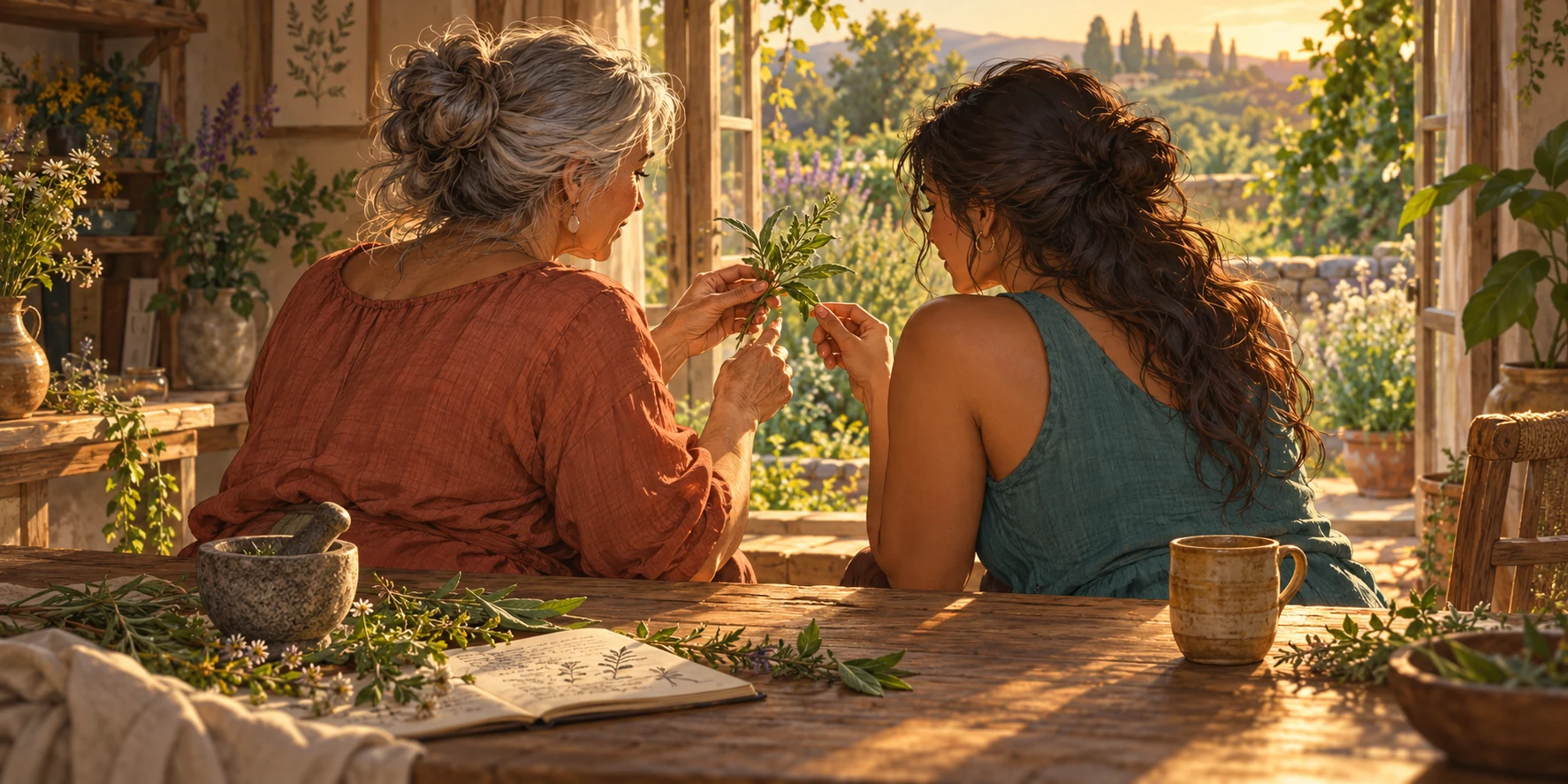 Deux femmes de générations différentes partagent leurs connaissances des plantes devant un jardin.