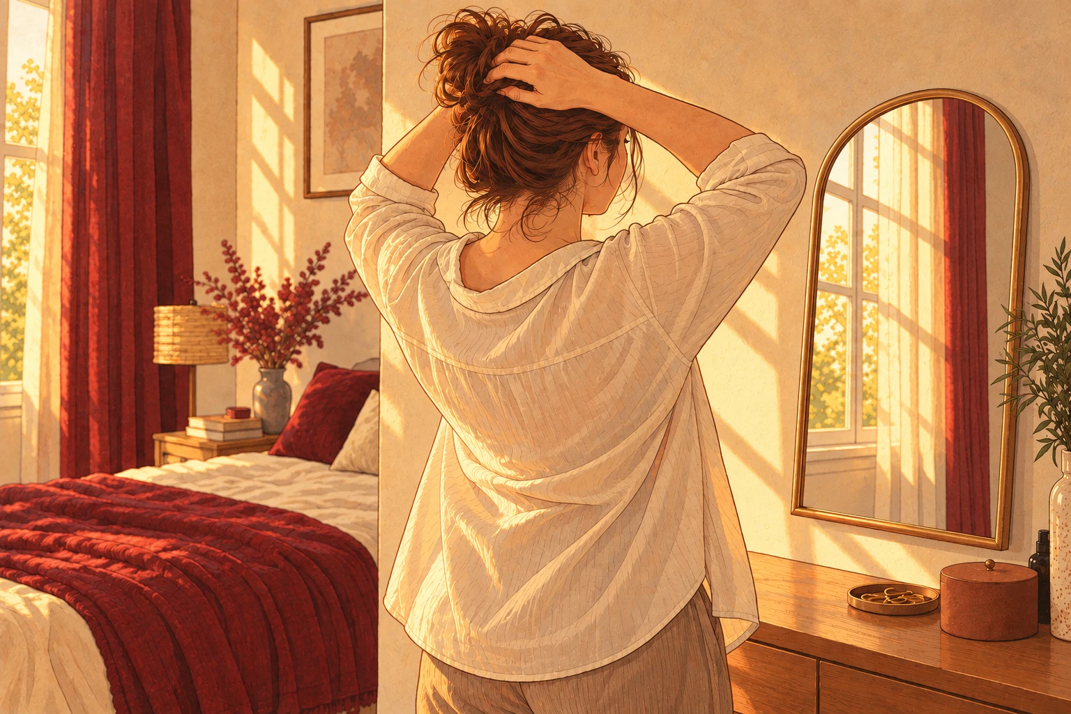 Femme attachant ses cheveux devant un miroir