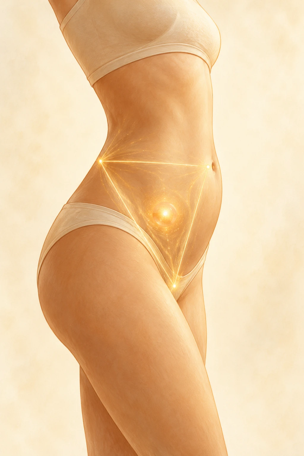 Illustration de profil du bas-ventre, avec un triangle doré et un centre lumineux évoquant le Dan Tien inférieur.