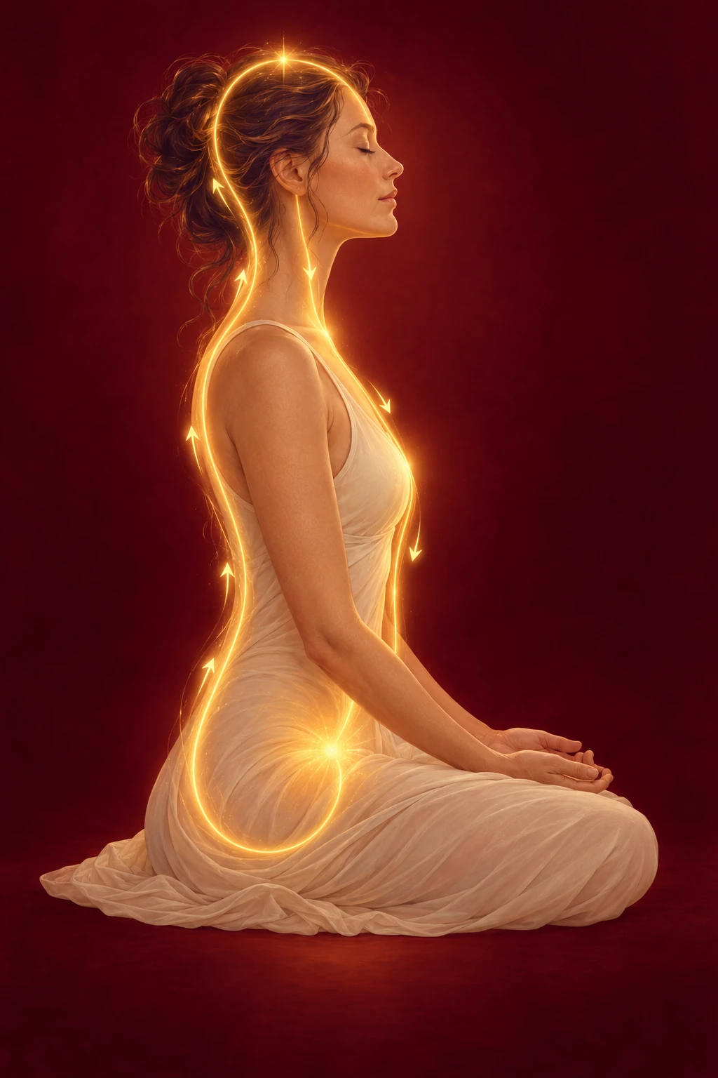 Femme de profil en méditation, parcourue par une boucle lumineuse évoquant l'orbite microcosmique.