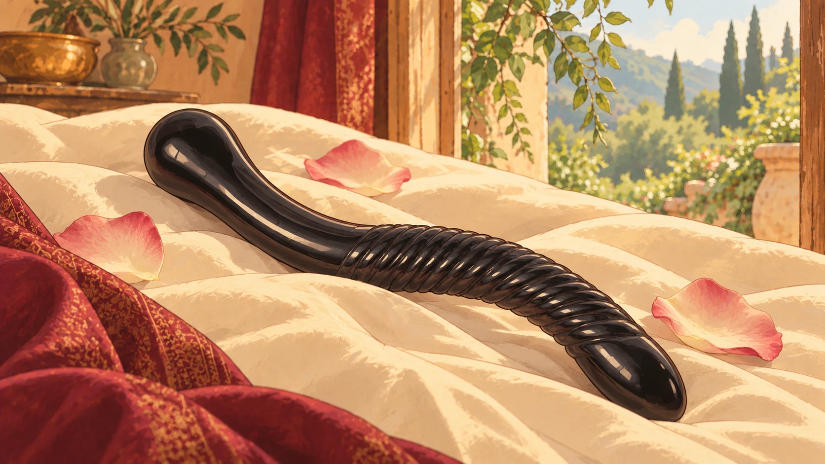 Illustration d'une baguette de Yoni noire posée sur une étoffe crème, entourée de quelques pétales roses.