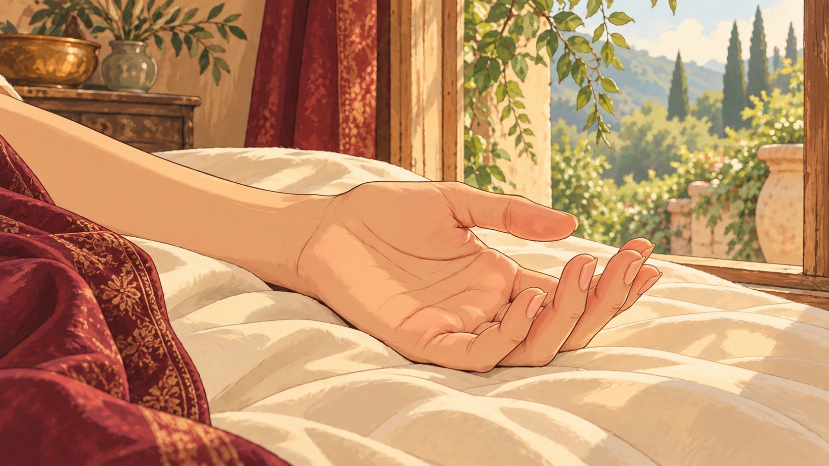 Illustration d'une main ouverte reposant sur une étoffe crème, près d'une fenêtre donnant sur un jardin.