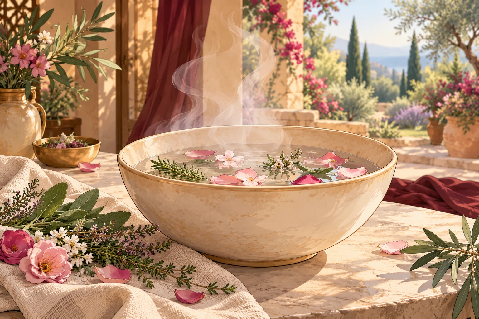 Illustration d'un bol d'eau fumante avec des fleurs et des herbes, dans un intérieur ouvert sur un jardin lumineux.